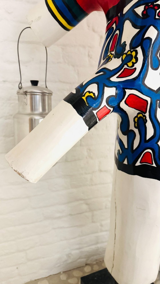 Image 1 of Laitière - grande sculpture en bois polychrome, signée majé