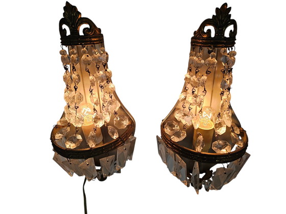 Image 1 of Hollywood Regency Style - 2 Wall Lights - Gold plated - Crystal - 60's
