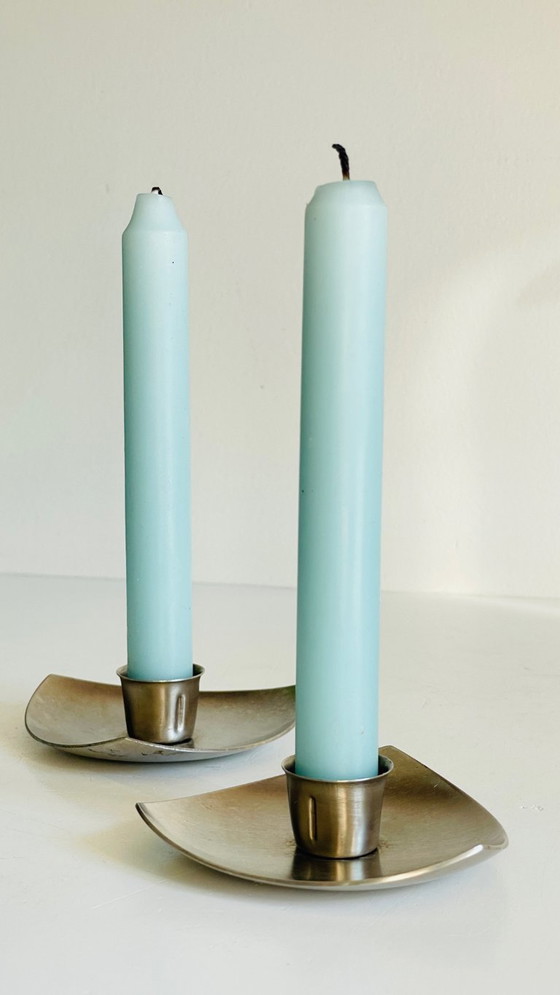 Image 1 of Vintage brushed metal geometric candlesticks
