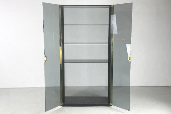 Smoked glass cabinet by Willy Rizzo for Mario Sabot-1970s., Display cabinets, Metal, Grey, Vintage (photo 3 of 8)