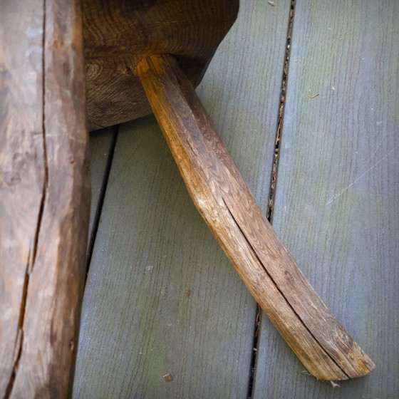 Image 1 of Pair of Brutalist tripod stools in grey pine. France, 50s
