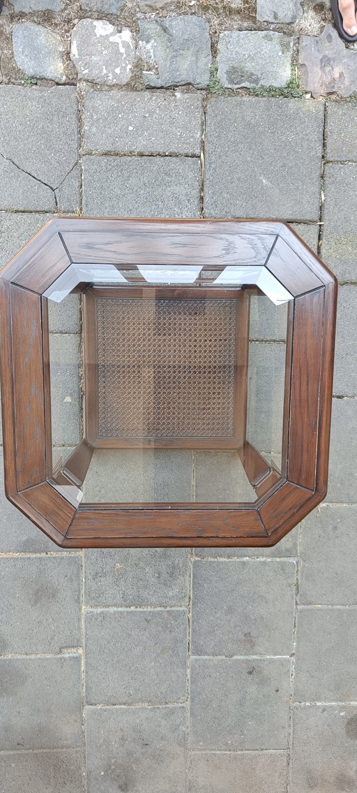 Vintage eikenhouten salontafel met facet geslepen blad