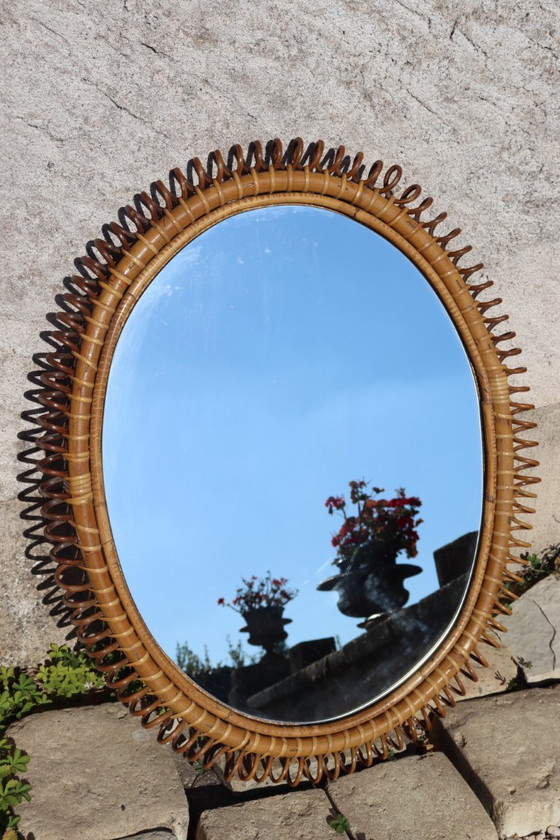 Ovale rotan spiegel, spiraalvormig frame, Franco Albini, Glas, Bruin, Vintage (foto 2 van 8)