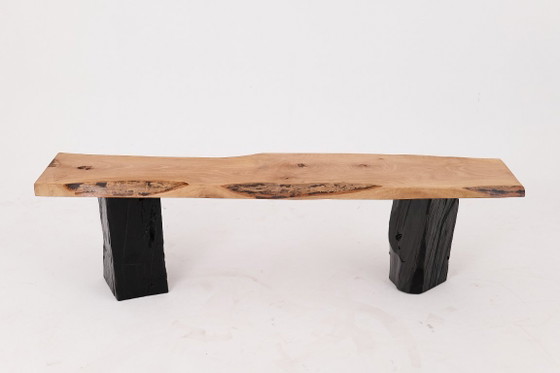 Image 1 of Live Edge Solid Wood Bench with Charred Legs, Organic Modern by Logniture