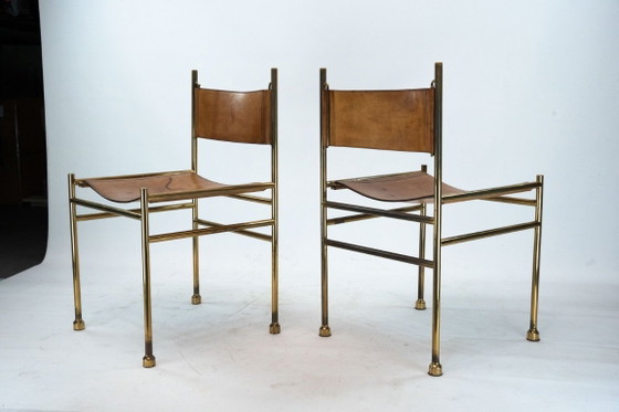 Image 1 of Set van 4 messing en lederen stoelen van Luciano Frigerio, Italië, jaren 70.