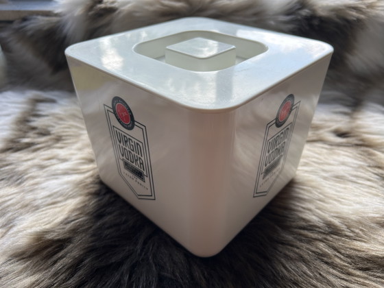Image 1 of White square ice bucket with the iconic, vintage Virgin Vodka logo - Richard Branson