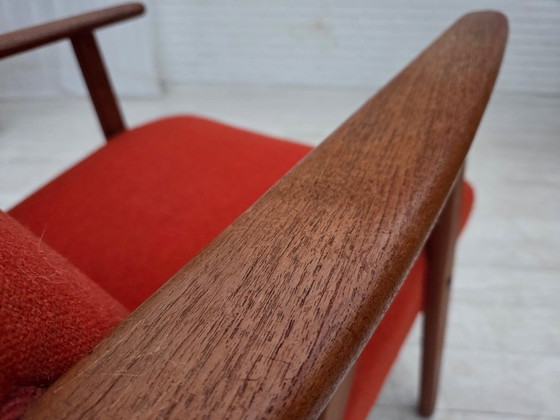 Image 1 of Anni '70, poltrona danese con schienale alto, mobili in lana arancione, legno di teak, legno di quercia.