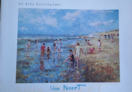 Image 1 of Strandgezicht met oranje parasol door A.van Noort