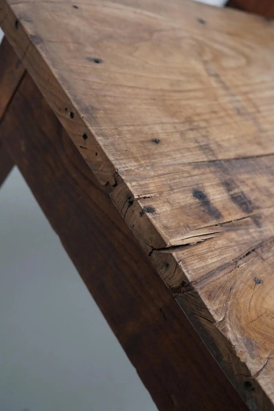 Image 1 of Antique French rustic farm table in light elm wood, 19th century