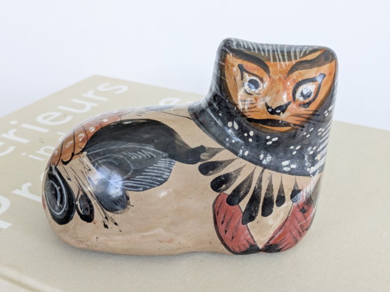 Statuetta vintage di gatto in ceramica Tonalá, Messico, dipinta a mano, arte popolare nei colori ocra e (photo 15 of 15)