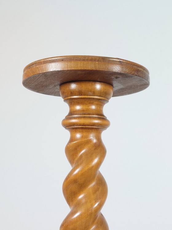 Image 1 of Colonne à fleurs vintage en bois tourné, support à fleurs, pilier