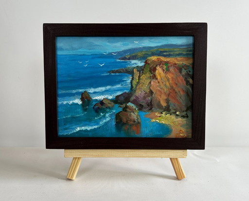 Original Oil Painting Summer Rock Landscape Waves crash against the rocks