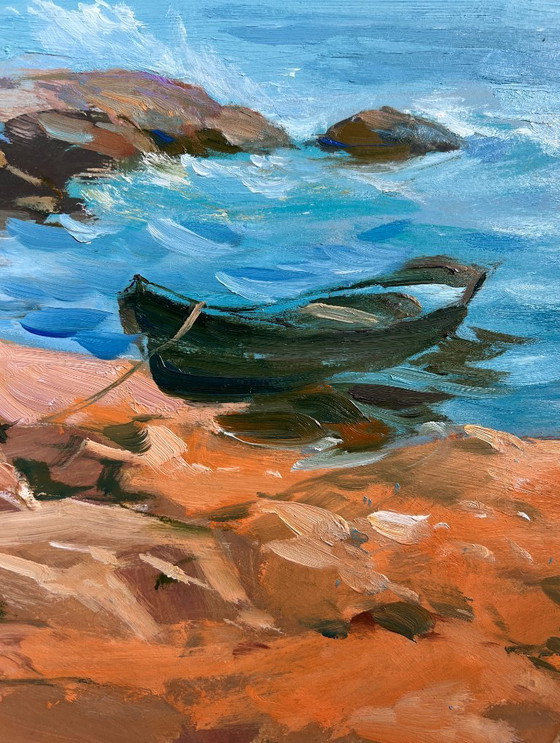 Image 1 of Pintura al óleo original: Paisaje costero marino con un velero en el horizonte.
