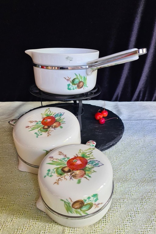 3x Kochtöpfe aus Aluminit von Limoges, Frankreich, Marke Frugier, hochglanzpoliertes Haviland-Porzellan.