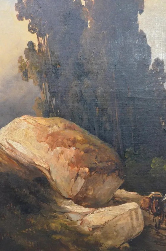 Antique Romantic Landscape Oil Painting With Figures and Rocky Scenery – Paintings & Drawings, Wood, Canvas (photo 7 of 11)