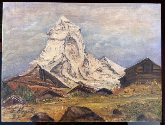 Óleo original del Matterhorn en los Alpes, firmado por F. Nagel, 1992, 40x30 cm, Zermatt, Suiza. (photo 6 of 10)