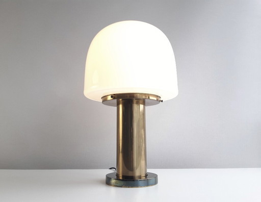 Glashütte Limburg vintage table lamp, brass desk lamp with frosted glass shade, mid-century modern table lamp