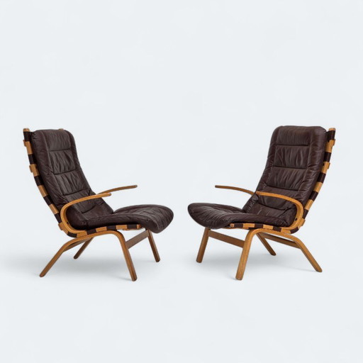 1970s, Danish design by Farstrup, set of 2 armchairs, furniture leather, bent wood.
