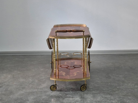 Image 1 of Serveerwagen barkar Trolley met zijkleppen, inleg van marqueterie, jaren 1970.