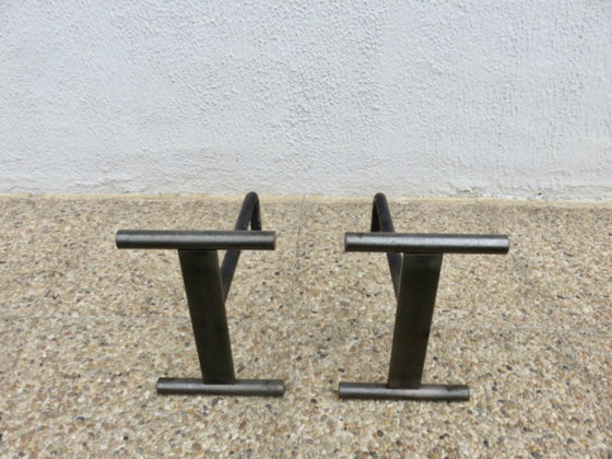 Image 1 of Pair of modernist, minimalist andirons in raw steel, France, 1960