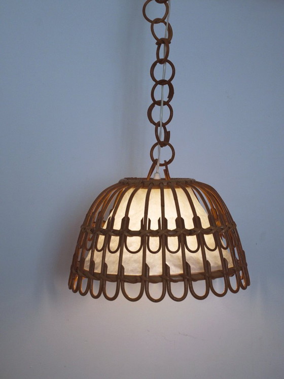 Image 1 of Vintage Rattan Bell Pendant Lamp, Louis Sognot Style Cane Ceiling Light, French Riviera Mediterranean Decor
