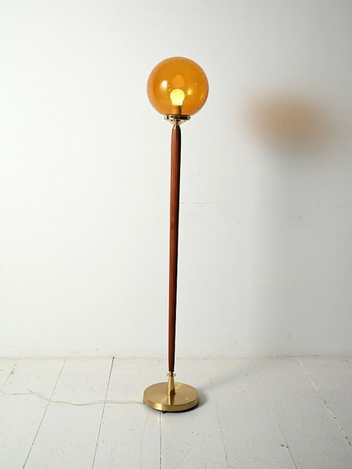 Teak and Amber Colored Glass Floor Lamp