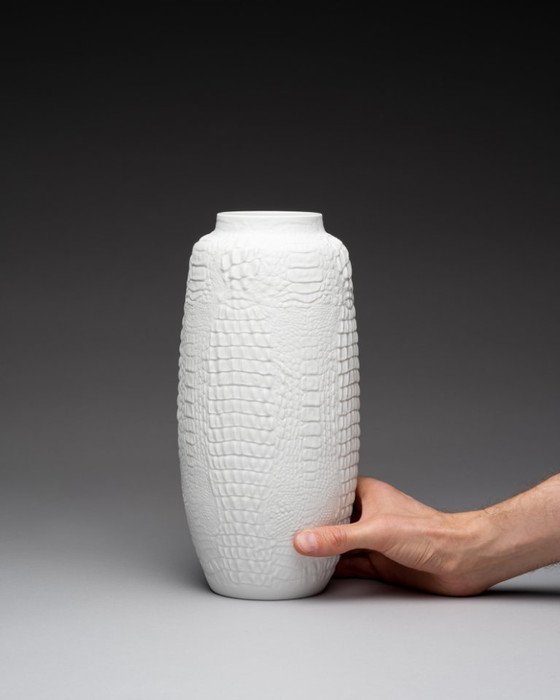 Image 1 of XL Manfred Frey Kaiser Bisque Porcelain Vase Crocodile Reptile Relief Op-Art Duo