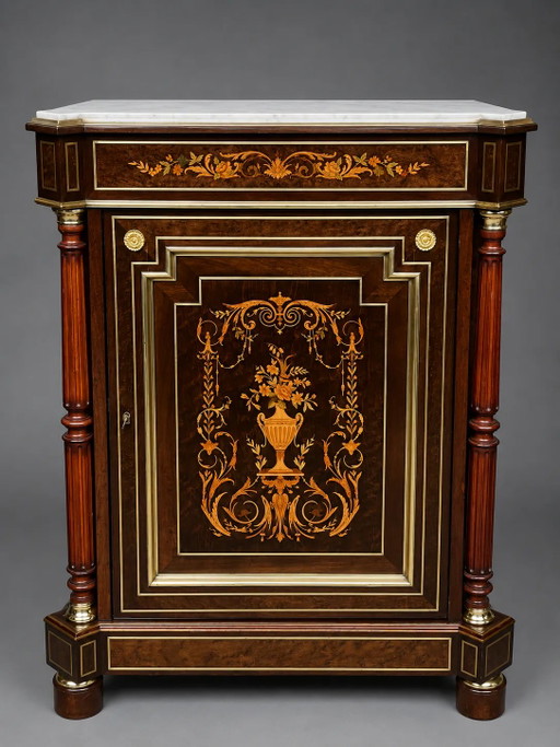 Elegant Napoleon III style commode. Marquetry in precious wood. Gilded bronze, marble top. – ladekasten (photo 2 of 10)