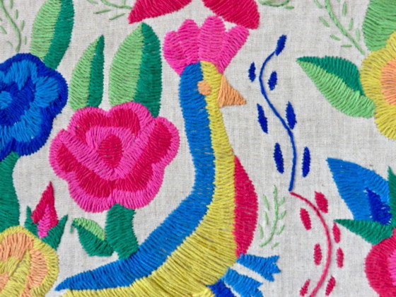 Image 1 of Large Mexican tapestry "otomi tenango", colorful flowers and birds, 1970