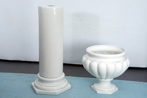 Image 1 of Tommaso Barbi Oversized White Ceramic Vase with Gold Details and Column, Italy 1970s