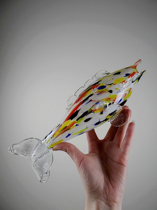 Poisson En Verre Soufflé De Murano, Moucheté Multicolore Vintage