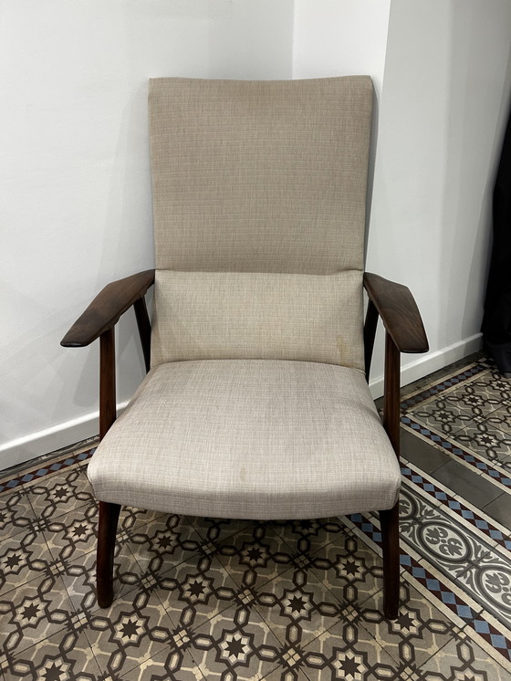 Image 1 of Set 2 vintage Deens design fauteuils uit de jaren ’60  Teakhout. Dames en herenmodel. Opnieuw gestoffeerd.