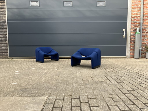 2x Artifort Groovy F598 M-Chair Pierre Paulin, Original Stoff in gutem Zustand, Marine Bleu