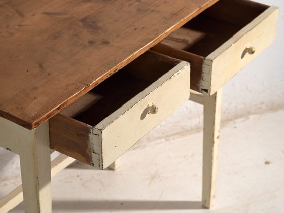 Antieke tafel met twee laden van grenenhout – Centraal-Europa, circa 1910 – Bijzettafels, Porcelain, Rustic (photo 24 of 40)