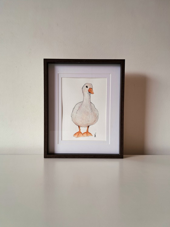 Image 1 of Watercolor painting Goose | Dark brown frame