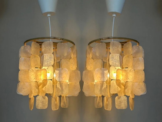Image 1 of Lot de 2 lampes suspendues Capiz Shell Perle de coquillage Cadre en bambou Câblage blanc