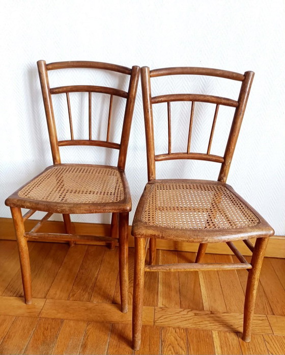 2x caned bistro chairs circa 1940, Dining chairs, Wood, Rattan, Brown, Vintage (photo 10 of 13)