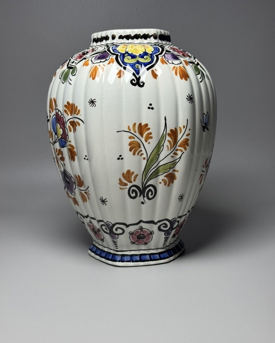 Image 1 of Hand-Painted Polychrome Delft Faience Vase Plateelbakkerij RAM, Arnhem, Netherlands