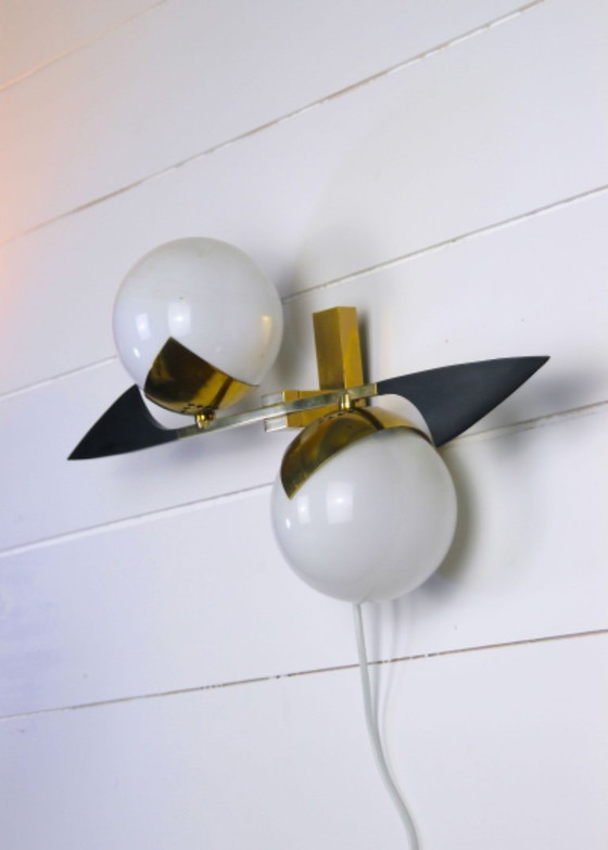 Image 1 of Maison Arlus, midden 20e eeuw, wandlamp van messingglas, Frankrijk, midden 20e eeuw