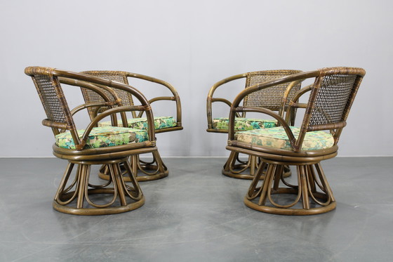 Image 1 of 1980er Set aus vier Rattansesseln mit Stoffpolstern