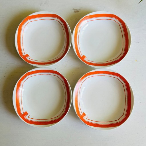 Set of 4 vintage deep plates, Rivanel France, orange decor, 1970s