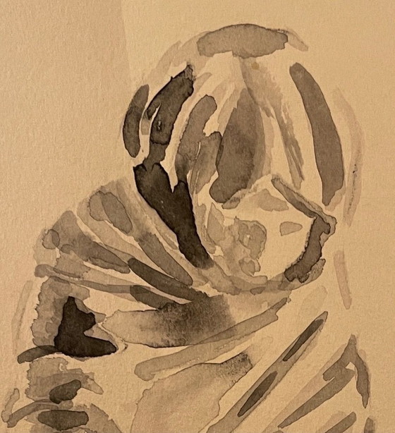 Image 1 of monochrome sepiafarbene Aquarellstudie der Statue „Die zitternde Frau“ von Houdon