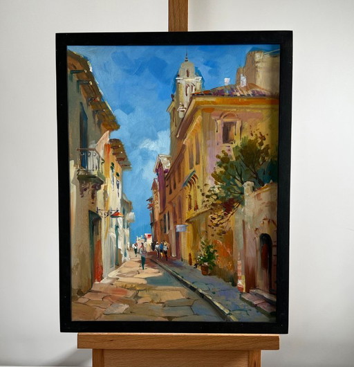 Pintura al óleo original Paisaje urbano diurno Antiguo callejón de la ciudad