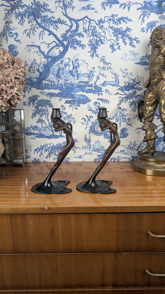 Image 1 of Ein Paar MoMa-Kandelaber aus Bronze mit Nymphen im Jugendstil Vintage 1988