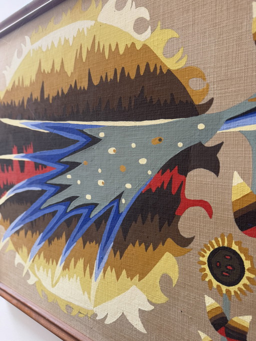 Tableau peinture oiseau bleu années 60