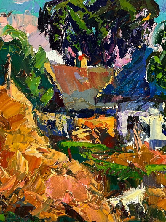 Image 1 of Original Oil Painting Rural Landscape Village The Goat in the Courtyard