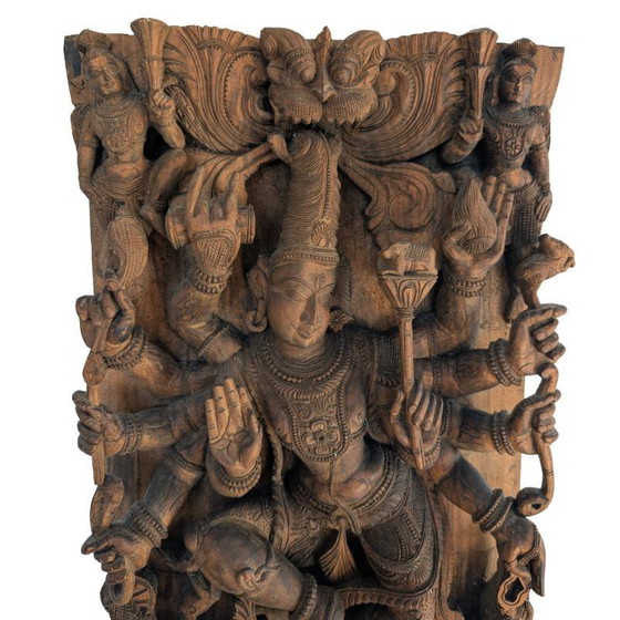 Wanddecoratie Antiek Houten Durga Wandpaneel – Zuid-India Tempelreliëf – Lot 195 – Wood (photo 4 of 5)