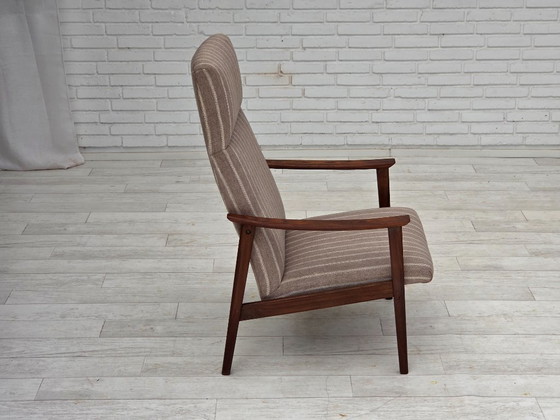 Image 1 of Poltrona danese con schienale alto, anni '70, lana per mobili, legno di teak, originale.