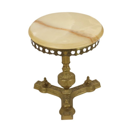 Vintage Brass Side Table with Round Onyx Marble Top (photo 5 of 23)