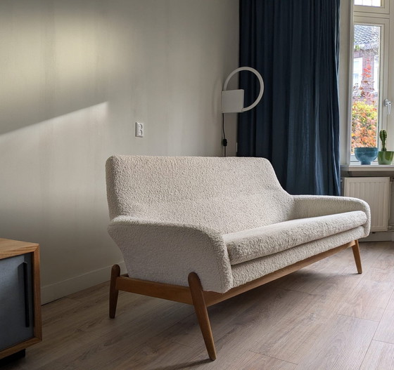 Image 1 of Ib Kofod Larsen for Bovenkamp Sofa in Oak wood and White Boucle Fabric